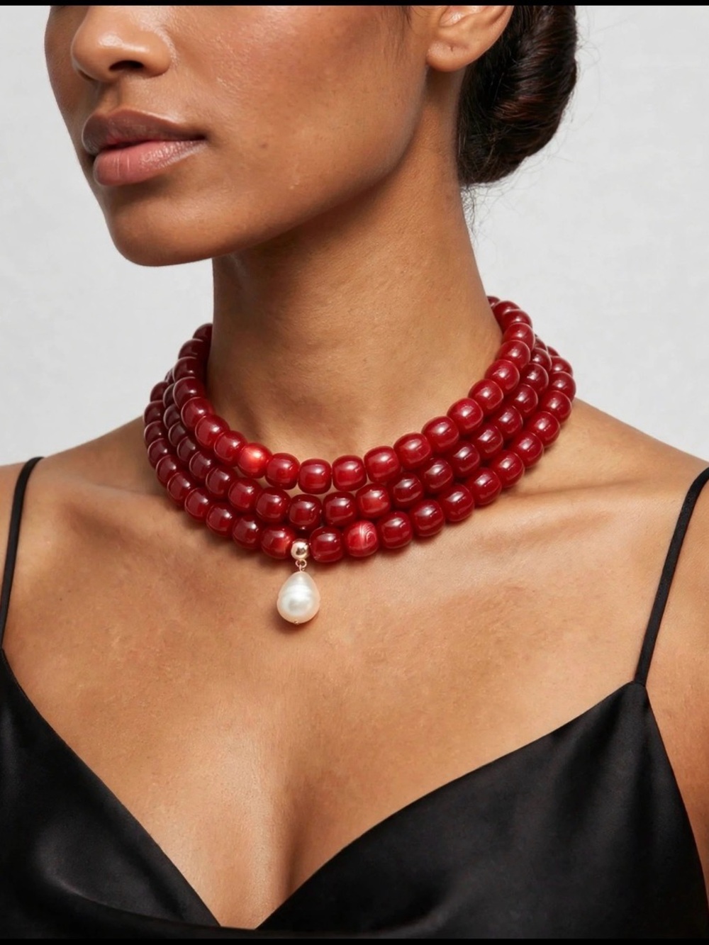 Lily Luxe Red Beaded Triple-Strand Choker Necklace with Pearl Drop Pendant